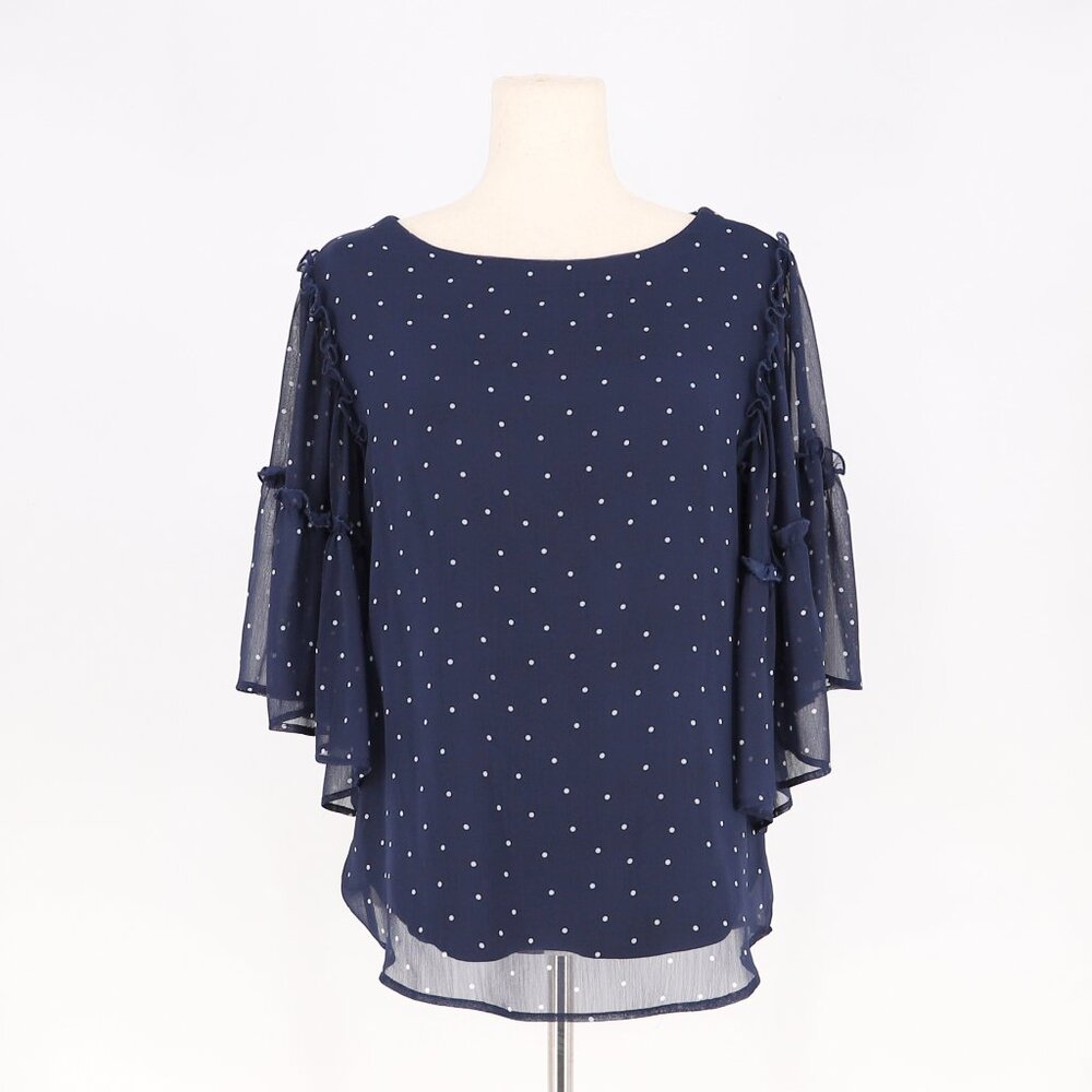 FINLEY Flowy Polka Dot Bell Flutter Sheer Sleeve Blouse Navy Blue Size S